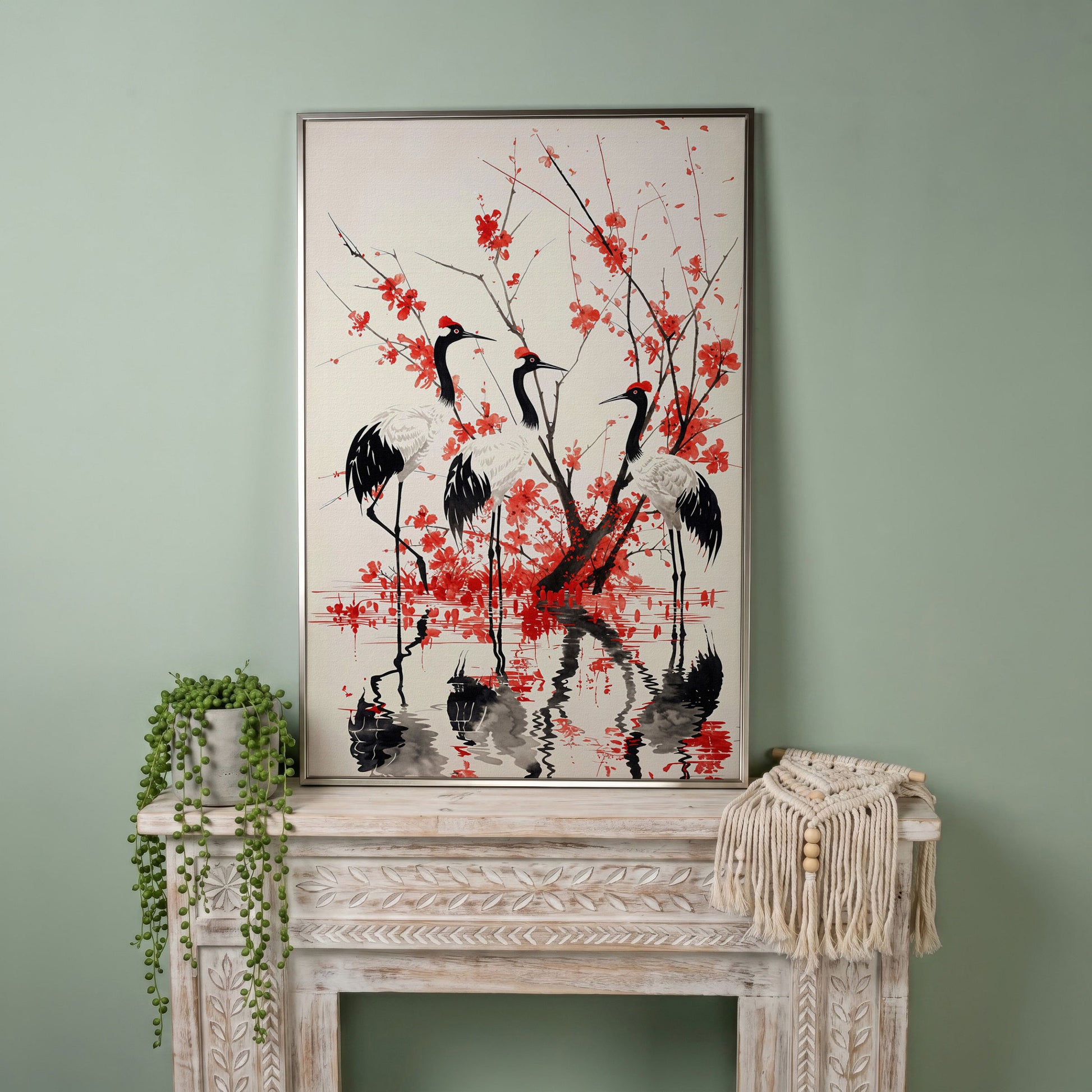 Red-Crowned Cranes with Cherry Blossoms Canvas Print in silver floating frame