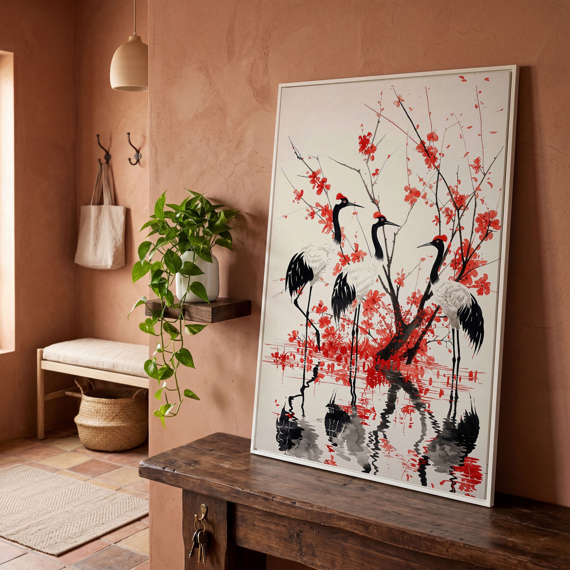 Red-Crowned Cranes with Cherry Blossoms Canvas Print in white floating frame