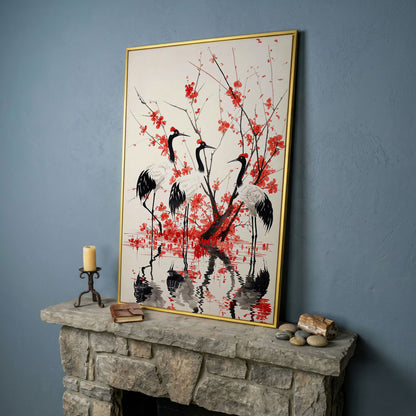 Red-Crowned Cranes with Cherry Blossoms Canvas Print in yellow gold floating frame