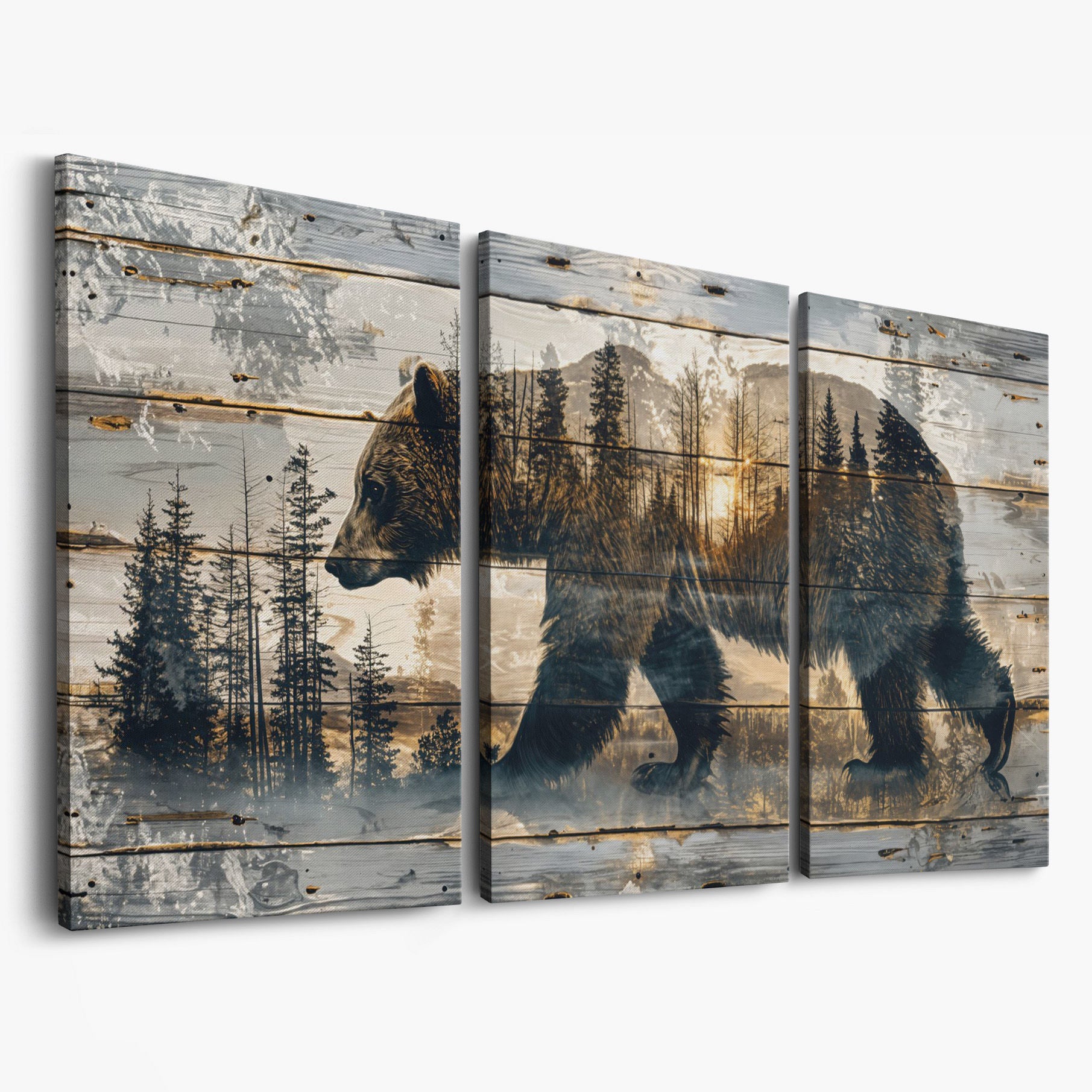 Bear Silhouette in Abstract Forest Canvas as 3-panel split version