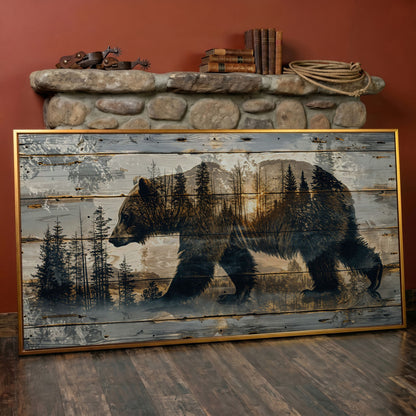 Bear Silhouette in Abstract Forest Canvas in antique gold floating frame