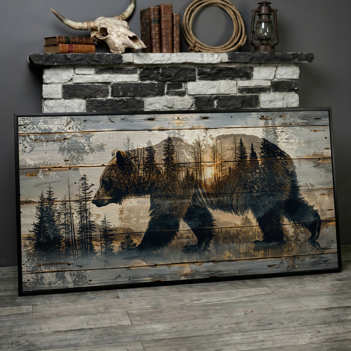 Bear Silhouette in Abstract Forest Canvas in black floating frame