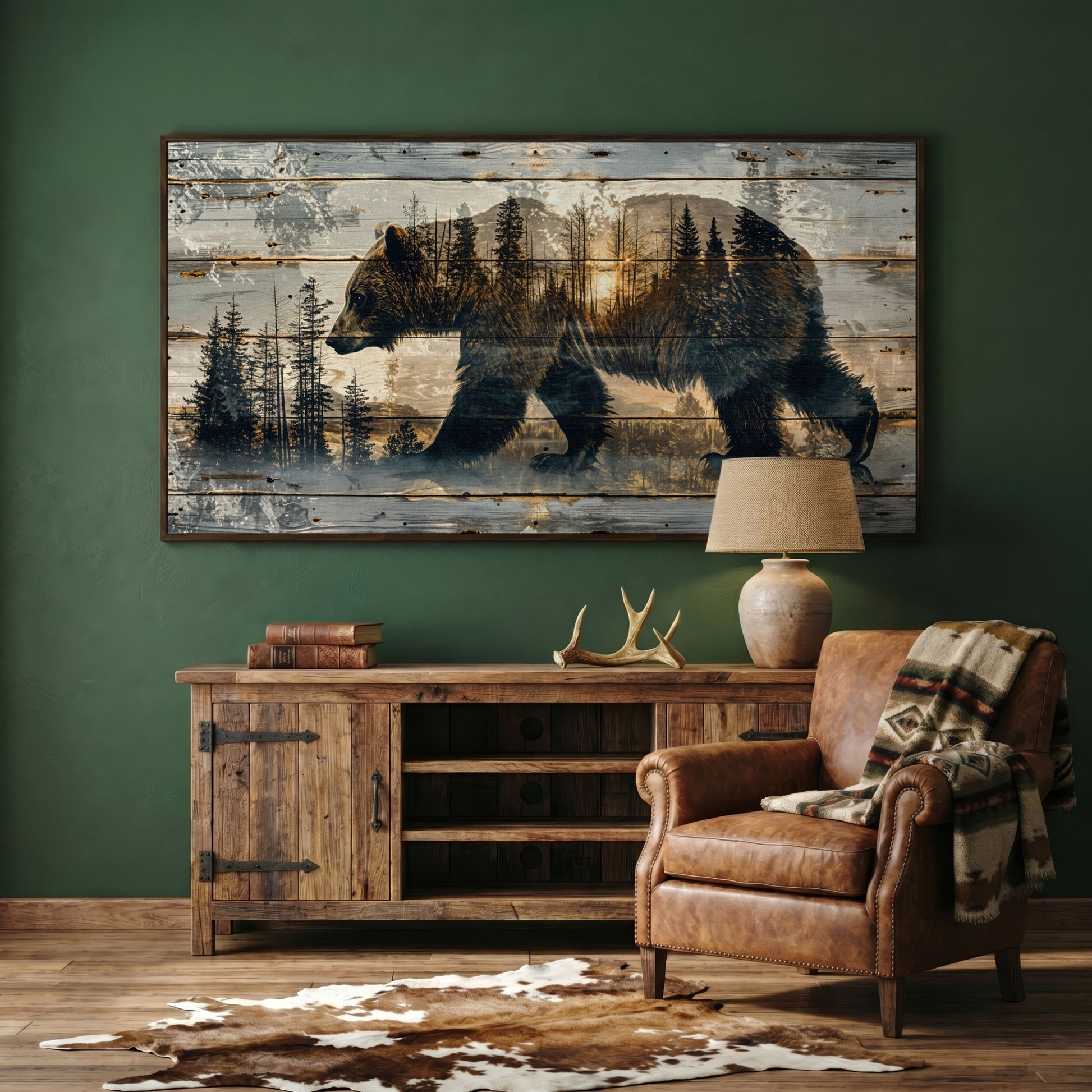 Bear Silhouette in Abstract Forest Canvas in dark walnut floating frame