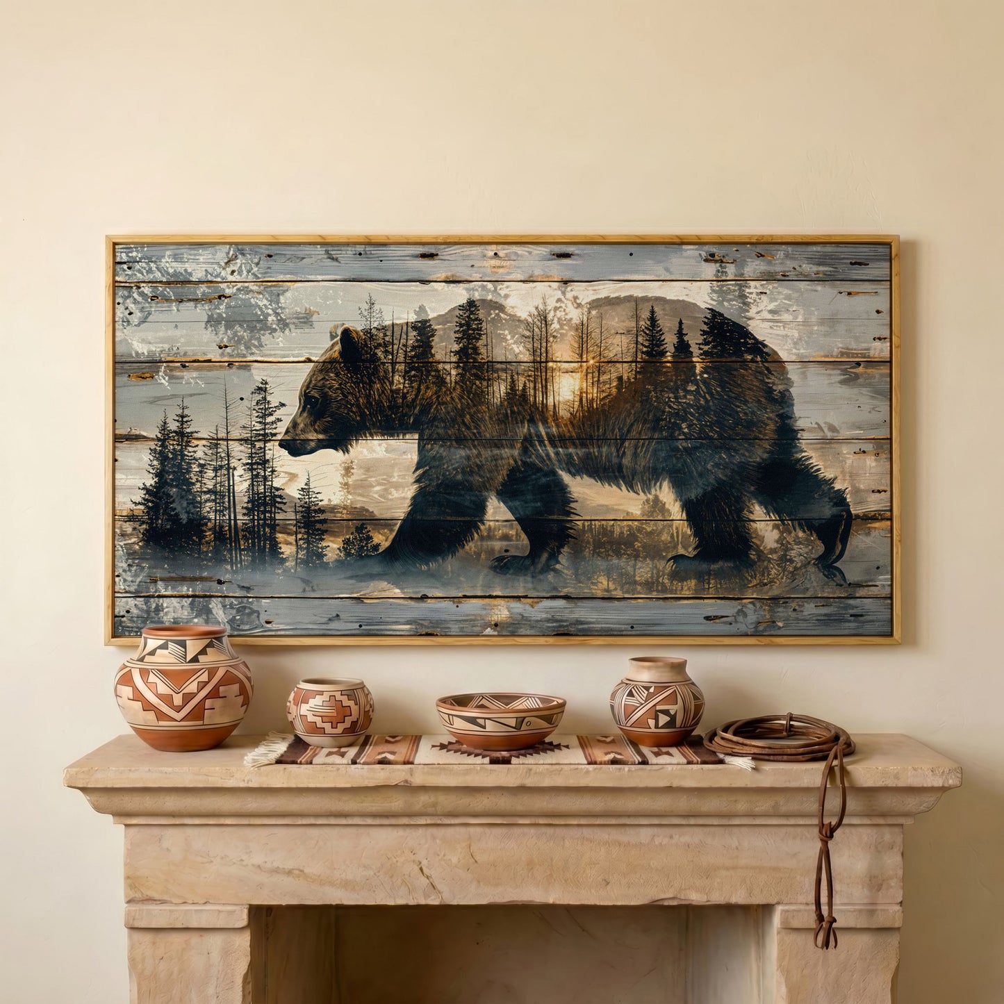 Bear Silhouette in Abstract Forest Canvas in white oak floating frame