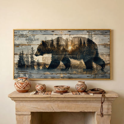 Bear Silhouette in Abstract Forest Canvas in white oak floating frame