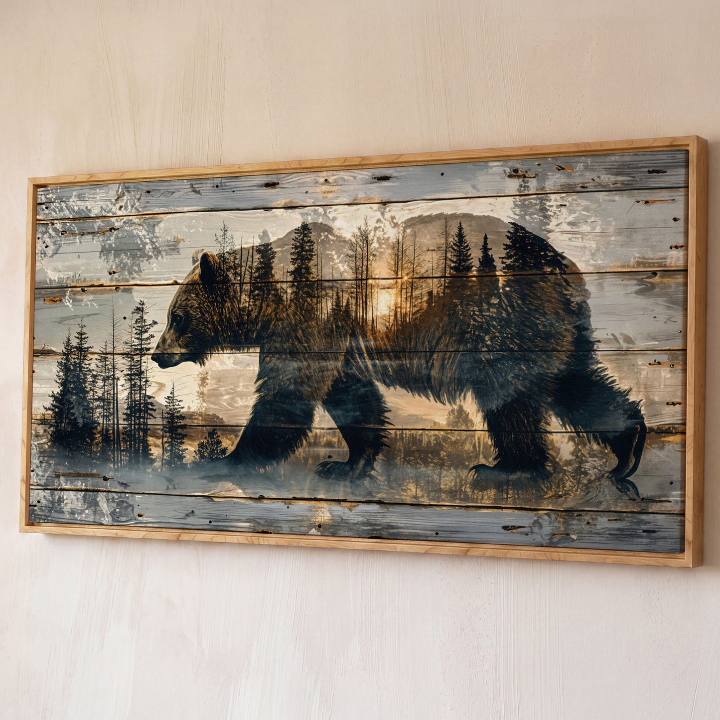 Bear Silhouette in Abstract Forest Canvas shown in white oak floating frame