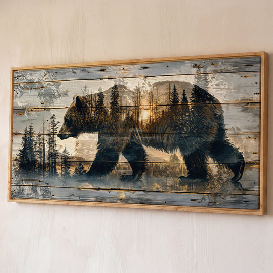 Bear Silhouette in Abstract Forest Canvas shown in white oak floating frame