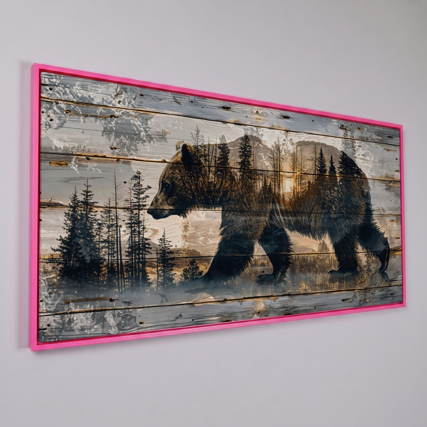 Bear Silhouette in Abstract Forest Canvas in pink floating frame