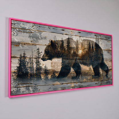 Bear Silhouette in Abstract Forest Canvas in pink floating frame