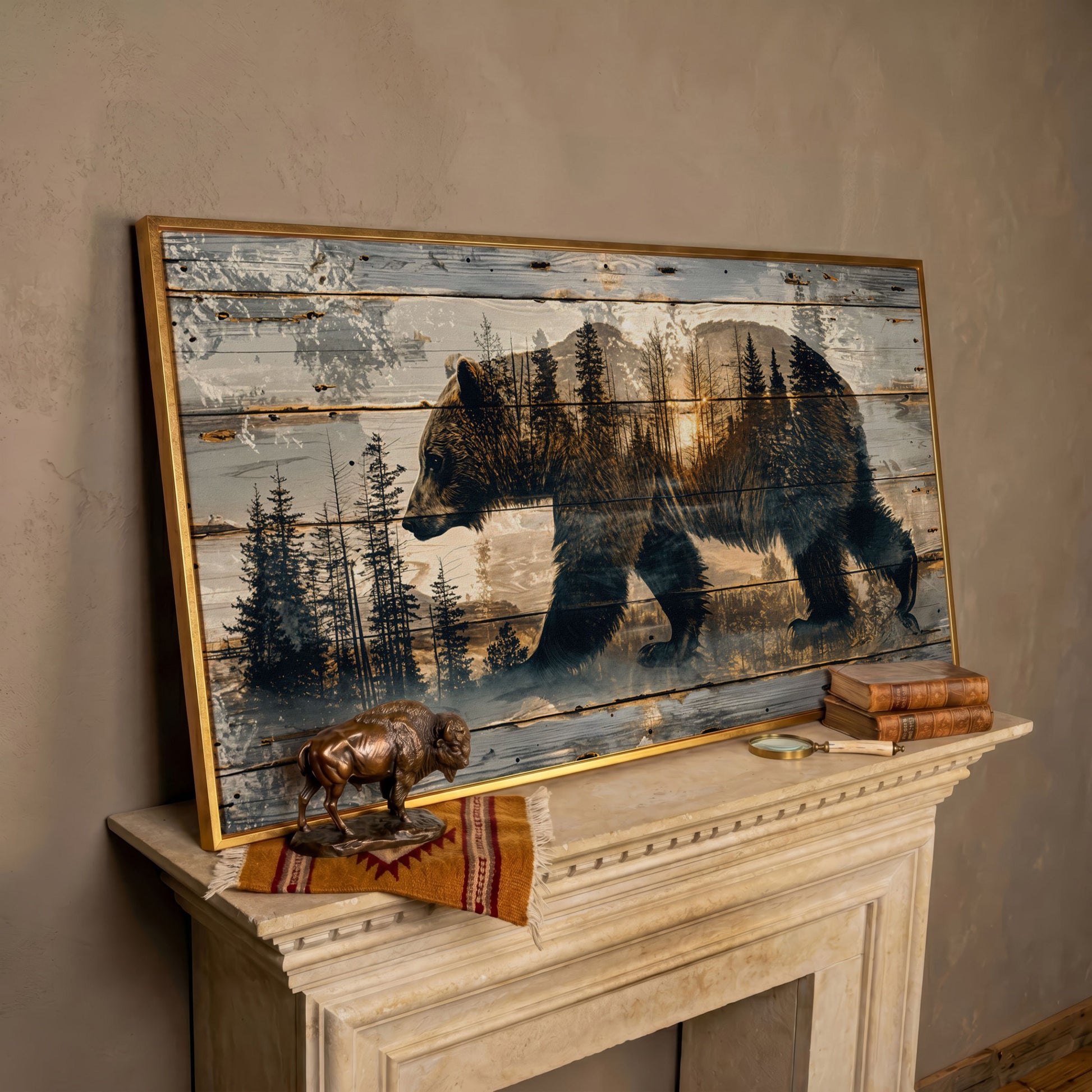 Bear Silhouette in Abstract Forest Canvas in rose gold floating frame