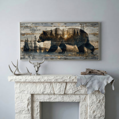 Bear Silhouette in Abstract Forest Canvas in silver floating frame