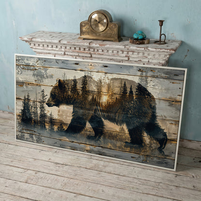 Bear Silhouette in Abstract Forest Canvas in white floating frame