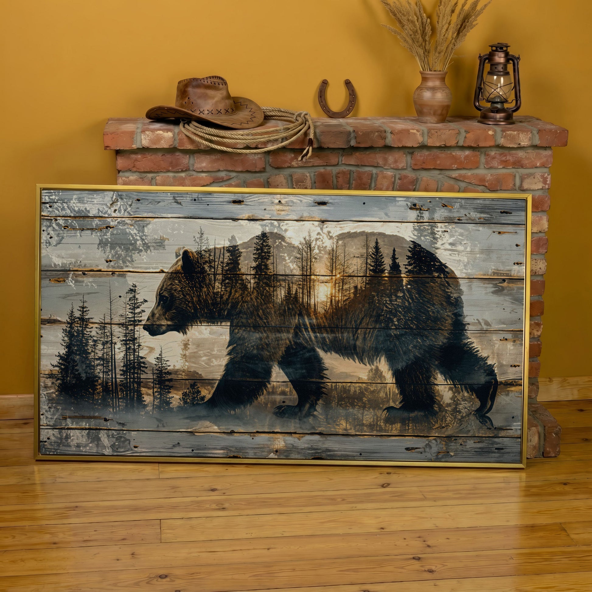 Bear Silhouette in Abstract Forest Canvas in yellow gold floating frame