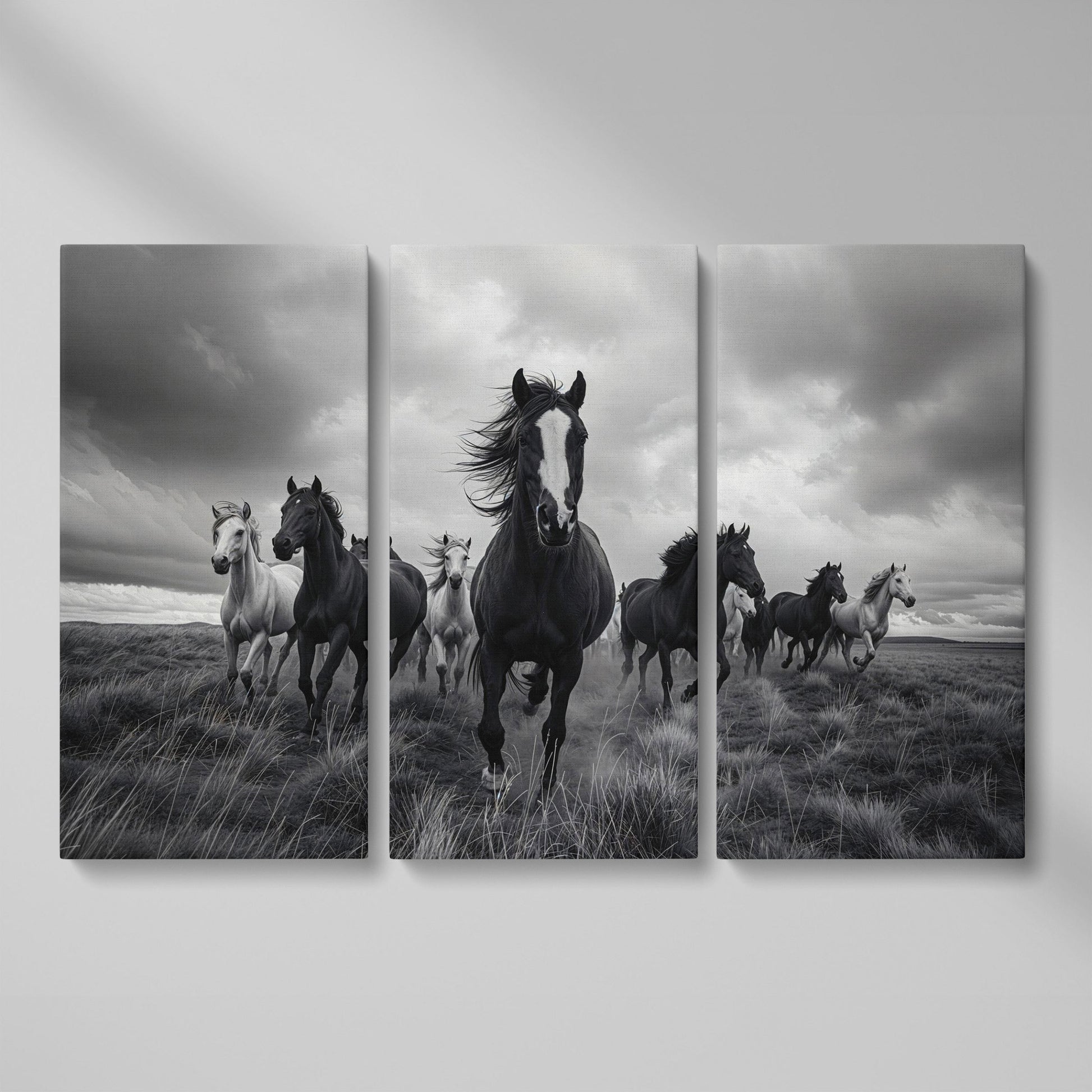 Wild Horses Galloping Across the Plains. Canvas Wall Art as 3-panel split version