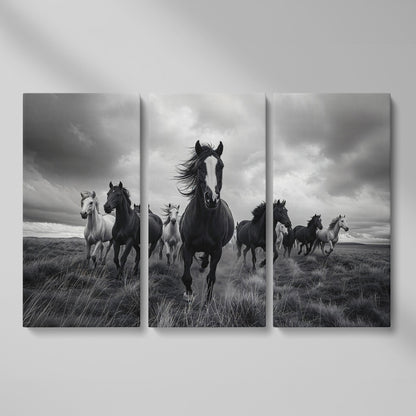 Wild Horses Galloping Across the Plains. Canvas Wall Art as 3-panel split version