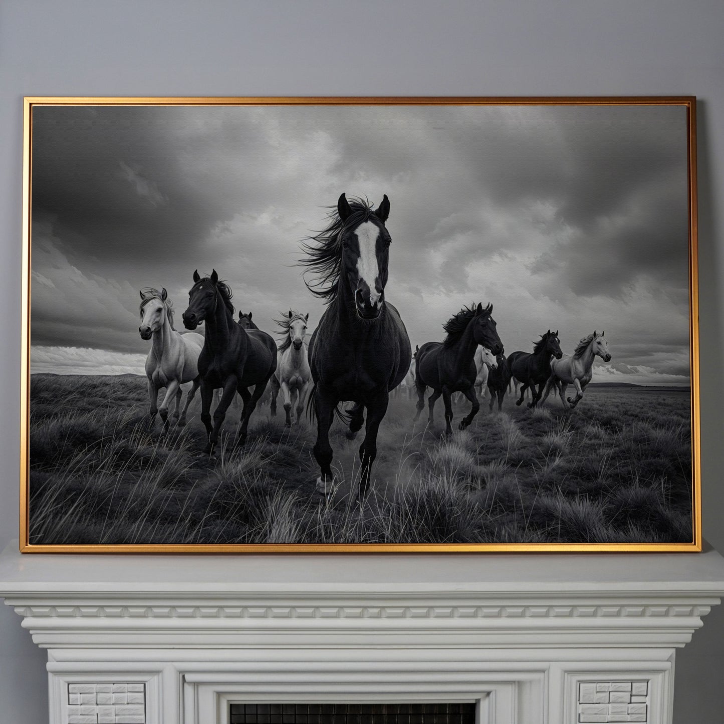 Wild Horses Galloping Across the Plains. Canvas Wall Art in antique gold floating frame