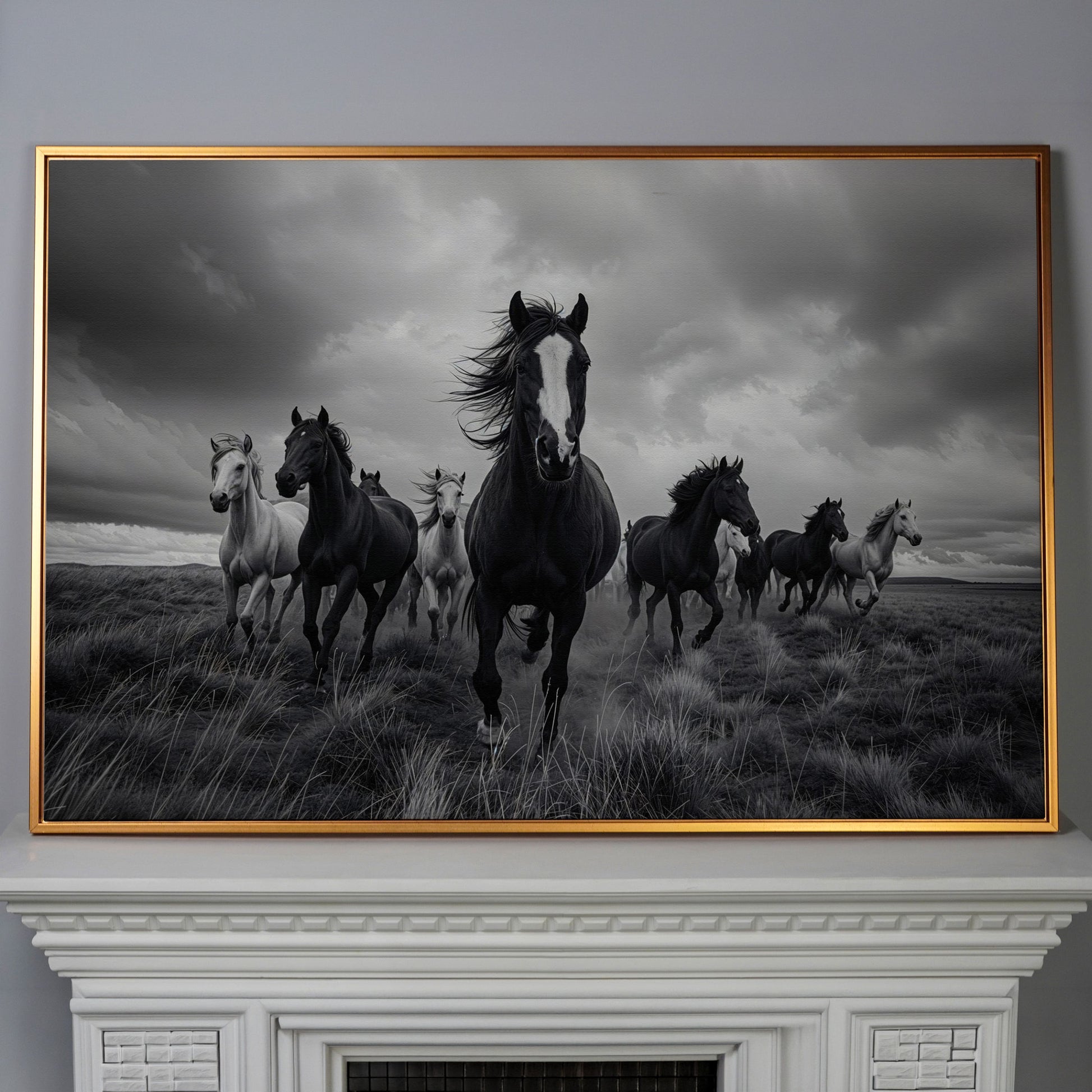 Wild Horses Galloping Across the Plains. Canvas Wall Art in antique gold floating frame