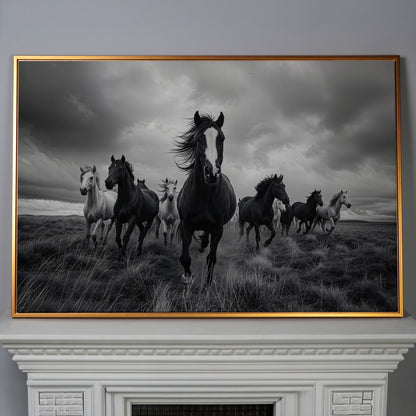 Wild Horses Galloping Across the Plains. Canvas Wall Art in antique gold floating frame