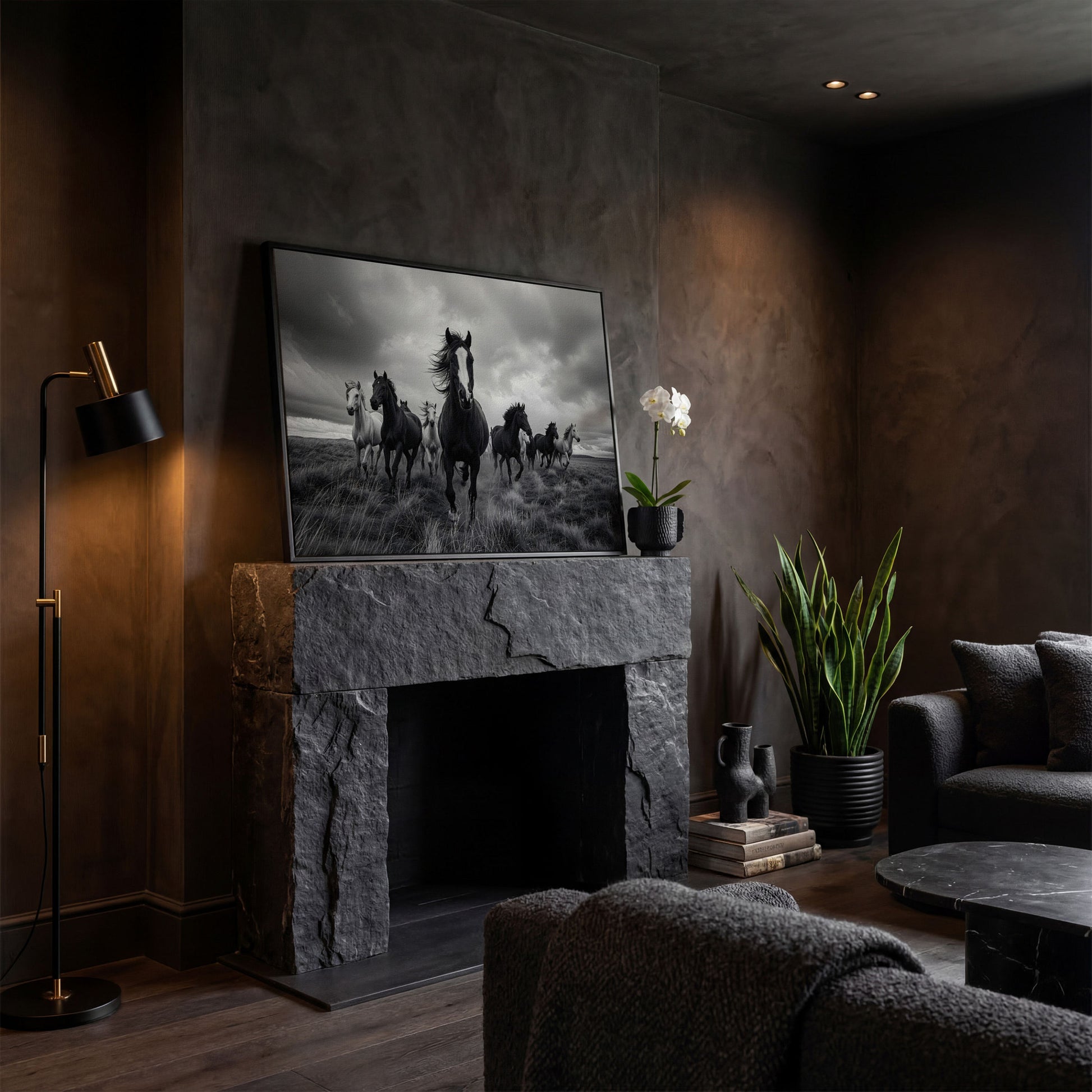 Wild Horses Galloping Across the Plains. Canvas Wall Art in black floating frame