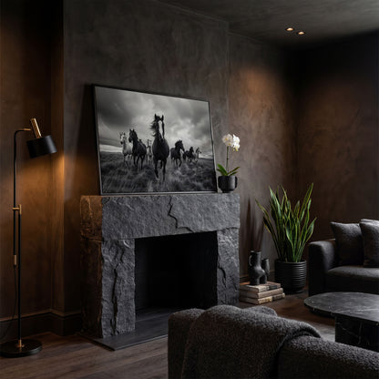 Wild Horses Galloping Across the Plains. Canvas Wall Art in black floating frame