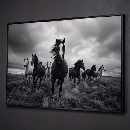 Wild Horses Galloping Across the Plains. Canvas Wall Art shown in black floating frame