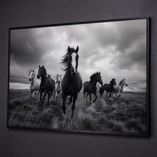 Wild Horses Galloping Across the Plains. Canvas Wall Art shown in black floating frame