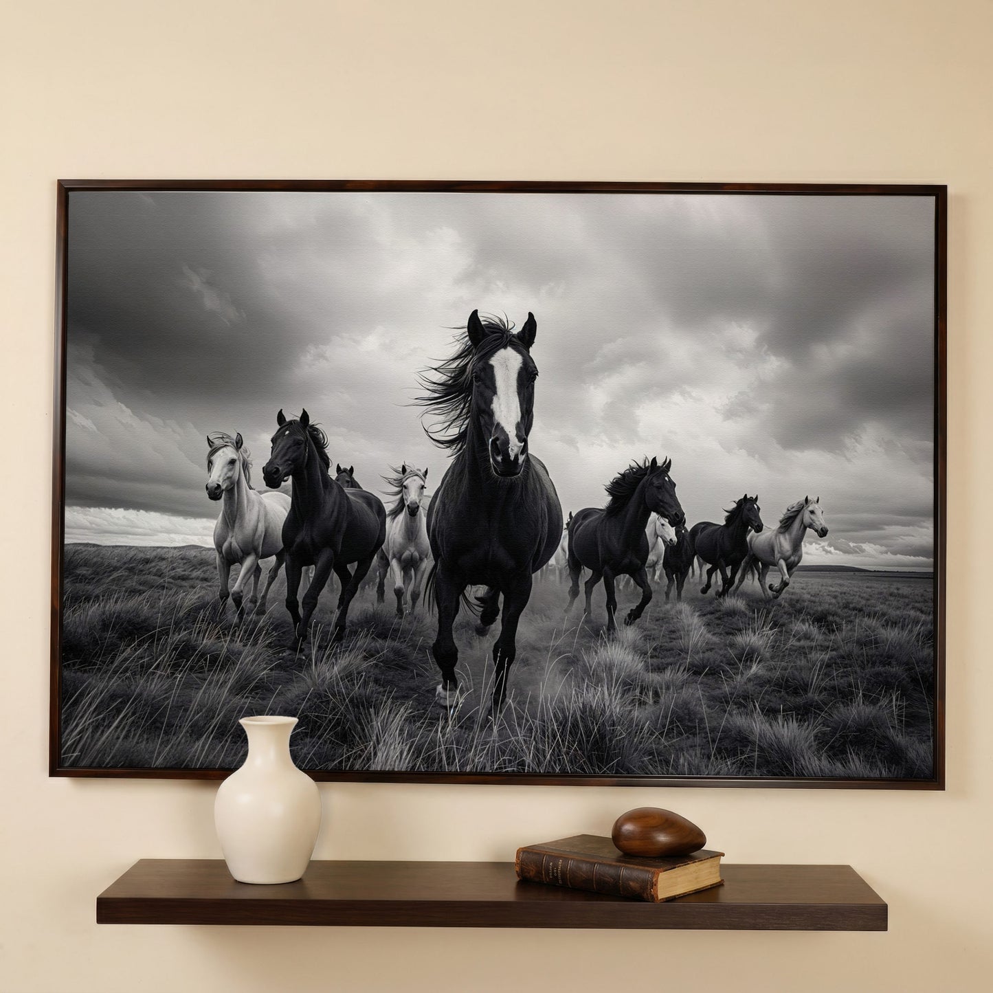 Wild Horses Galloping Across the Plains. Canvas Wall Art in dark walnut floating frame