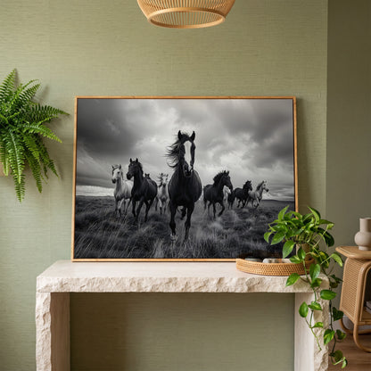 Wild Horses Galloping Across the Plains. Canvas Wall Art in white oak floating frame