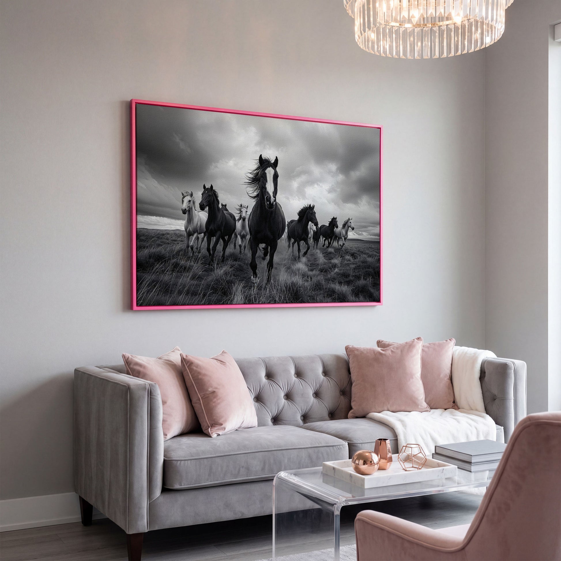 Wild Horses Galloping Across the Plains. Canvas Wall Art in pink floating frame