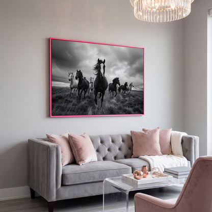 Wild Horses Galloping Across the Plains. Canvas Wall Art in pink floating frame