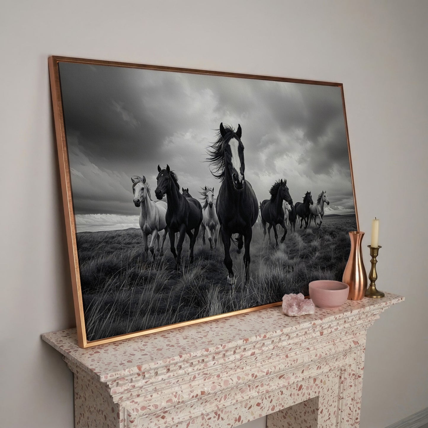 Wild Horses Galloping Across the Plains. Canvas Wall Art in rose gold floating frame