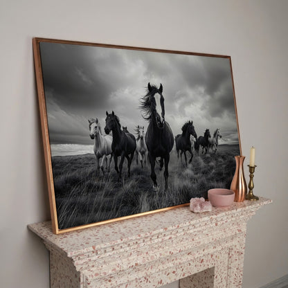 Wild Horses Galloping Across the Plains. Canvas Wall Art in rose gold floating frame