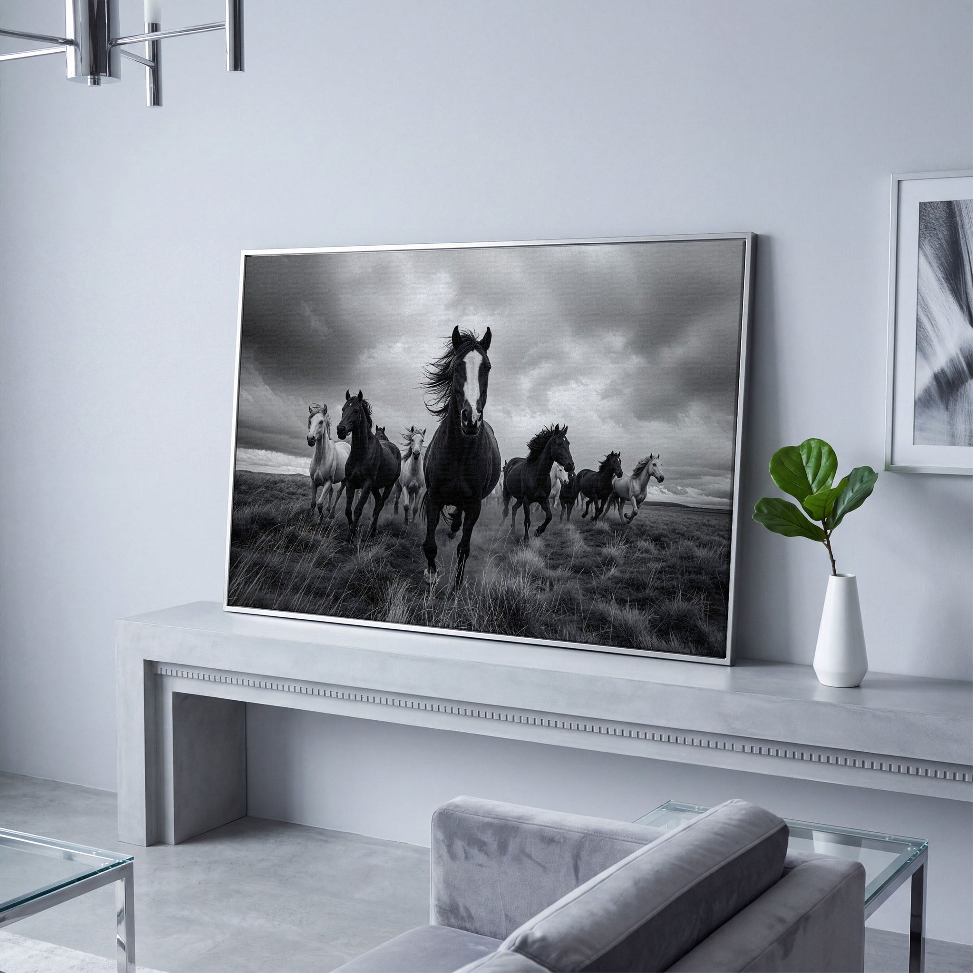 Wild Horses Galloping Across the Plains. Canvas Wall Art in silver floating frame