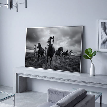 Wild Horses Galloping Across the Plains. Canvas Wall Art in silver floating frame