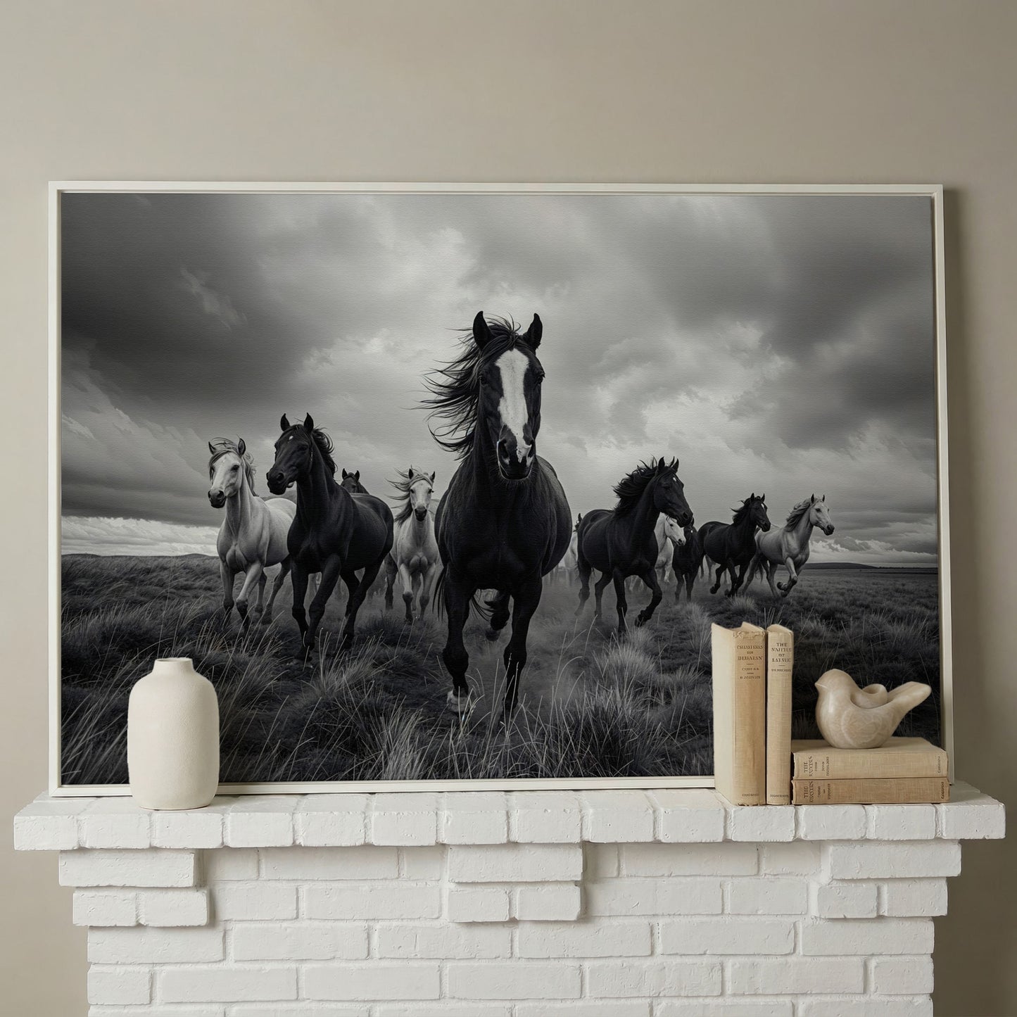 Wild Horses Galloping Across the Plains. Canvas Wall Art in white floating frame