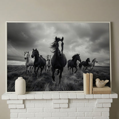 Wild Horses Galloping Across the Plains. Canvas Wall Art in white floating frame