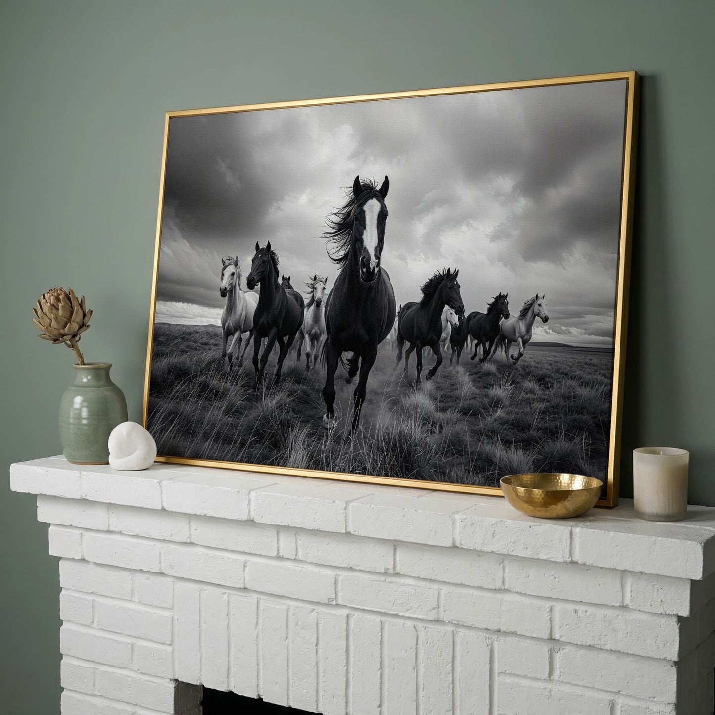 Wild Horses Galloping Across the Plains. Canvas Wall Art in yellow gold floating frame