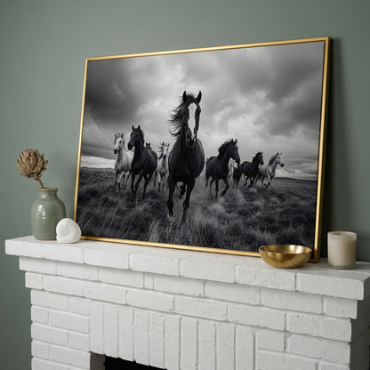 Wild Horses Galloping Across the Plains. Canvas Wall Art in yellow gold floating frame