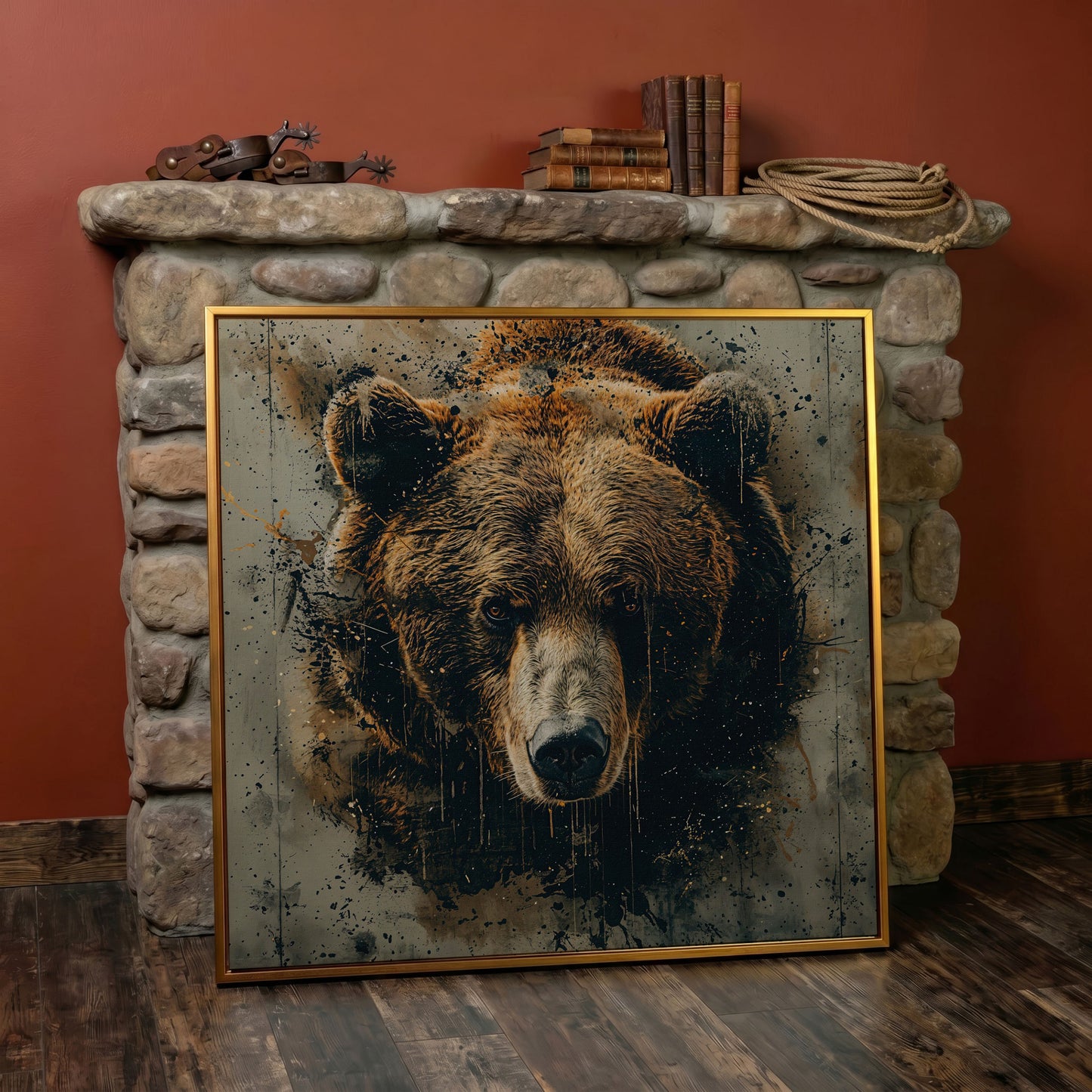 Abstract Grizzly Bear Face Canvas in antique gold floating frame