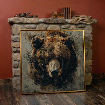Abstract Grizzly Bear Face Canvas in antique gold floating frame