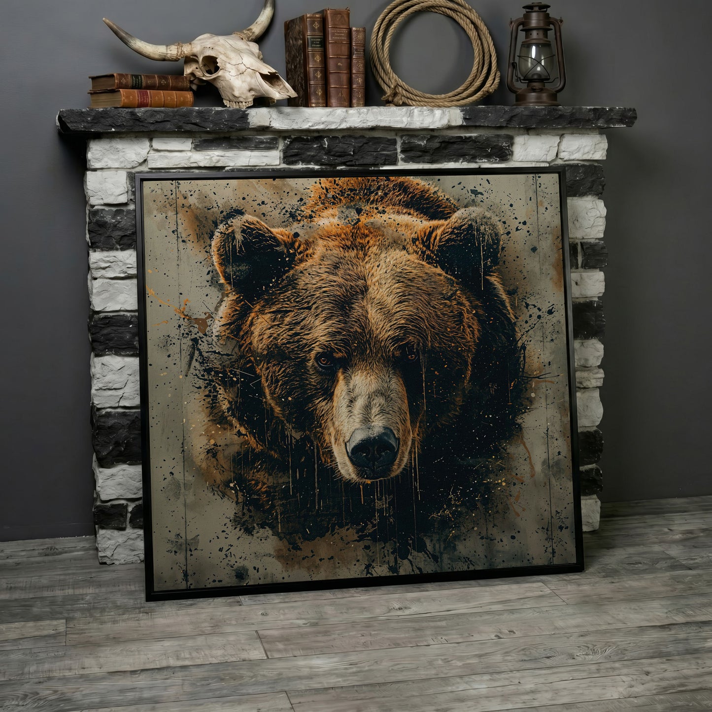 Abstract Grizzly Bear Face Canvas in black floating frame