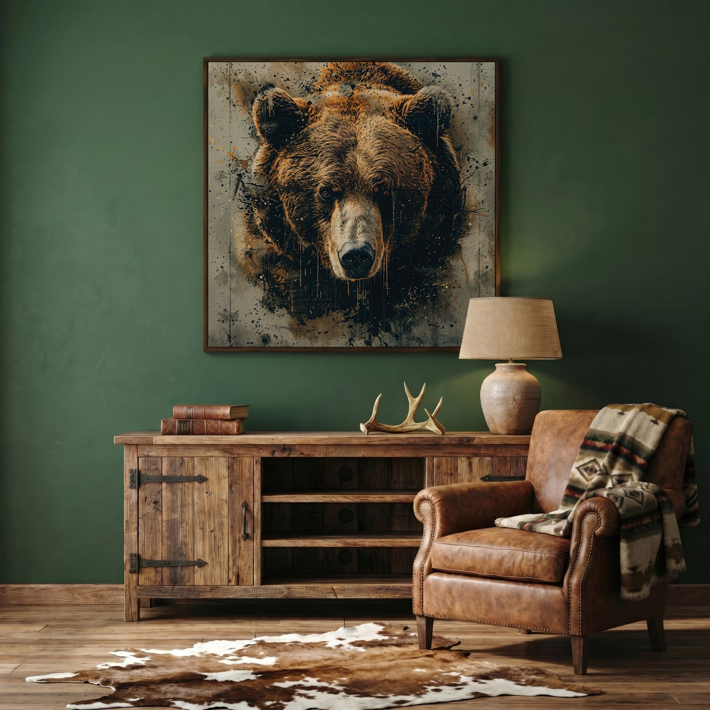 Abstract Grizzly Bear Face Canvas in dark walnut floating frame