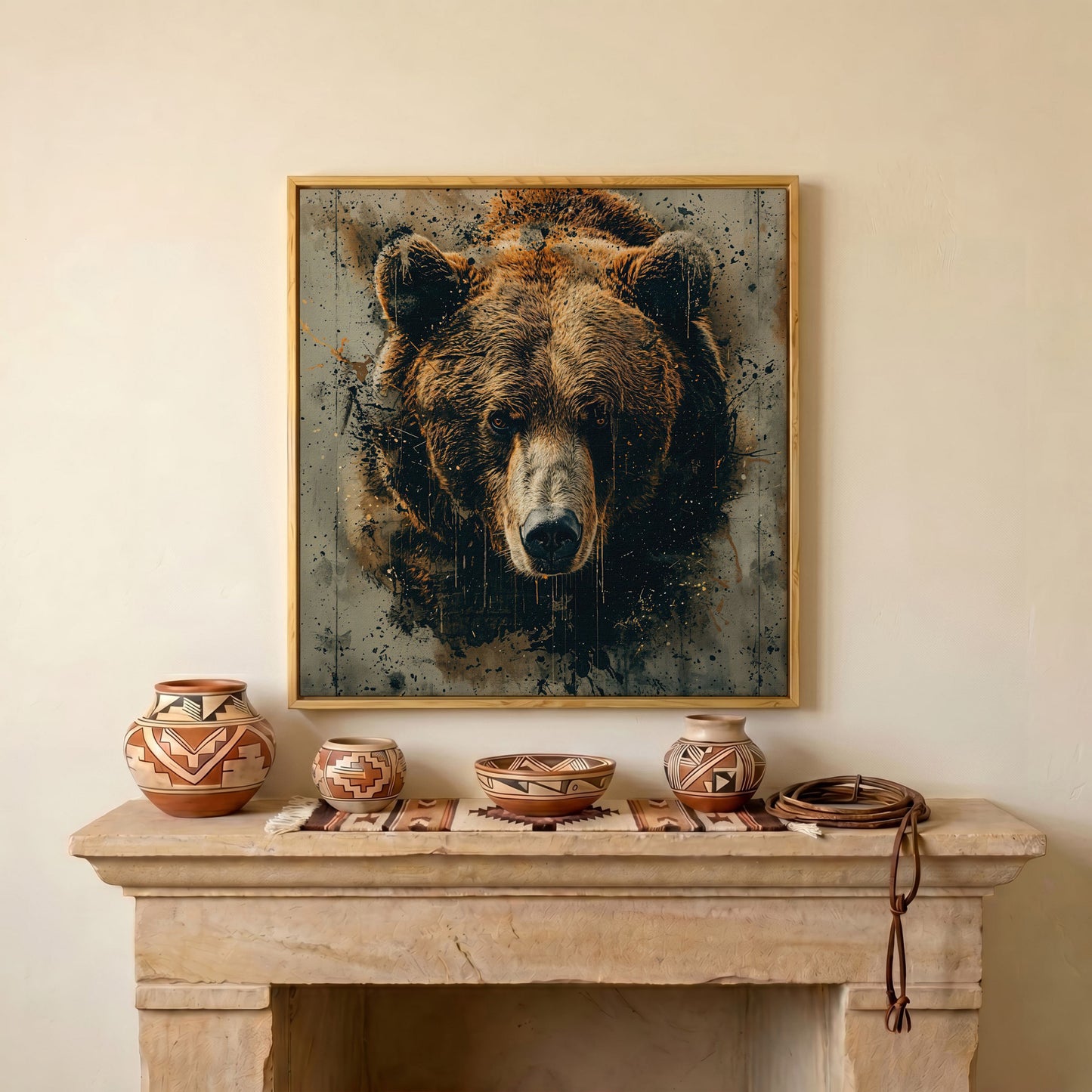 Abstract Grizzly Bear Face Canvas in white oak floating frame