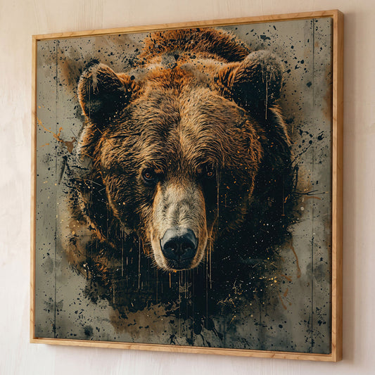 Abstract Grizzly Bear Face Canvas shown in white oak floating frame
