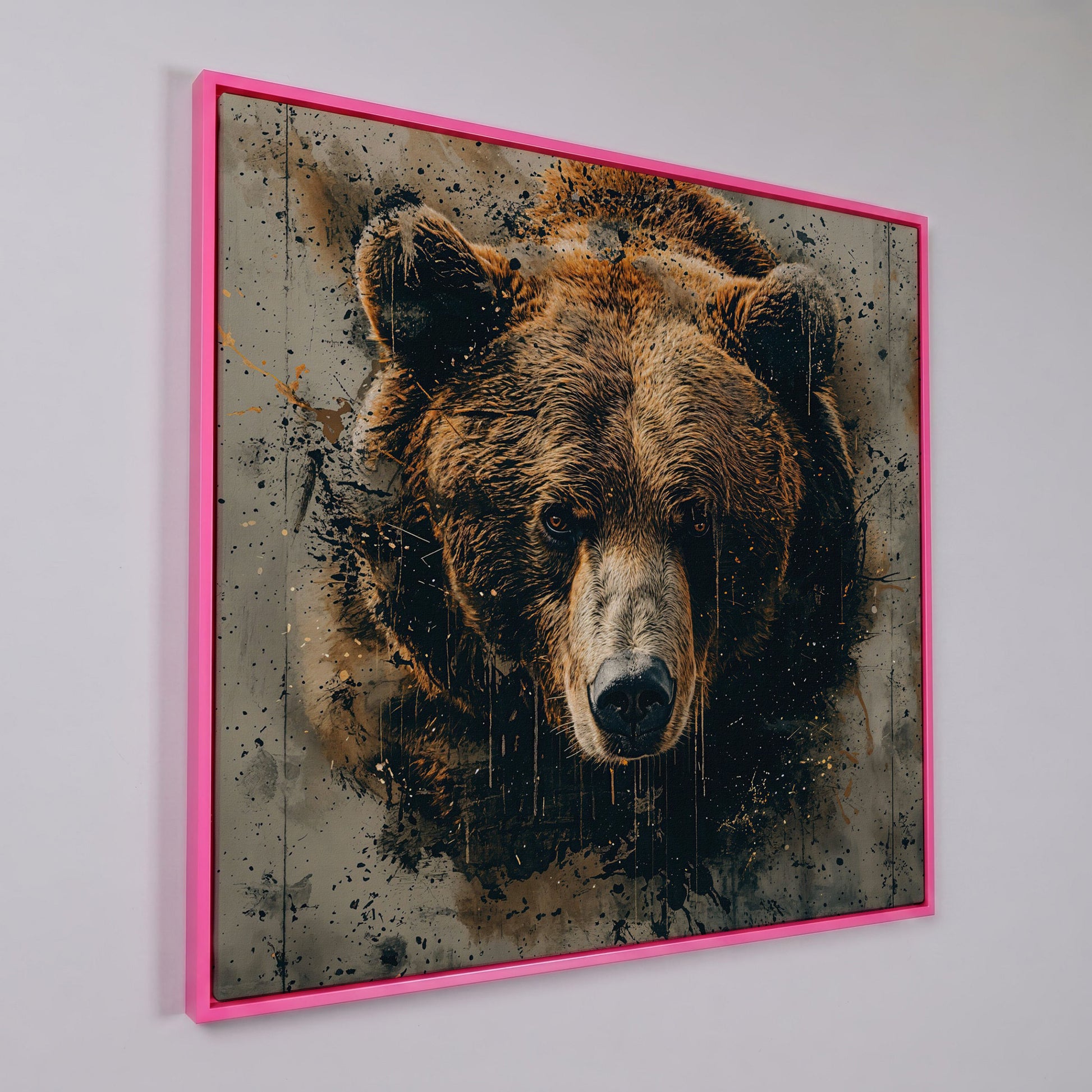 Abstract Grizzly Bear Face Canvas in pink floating frame