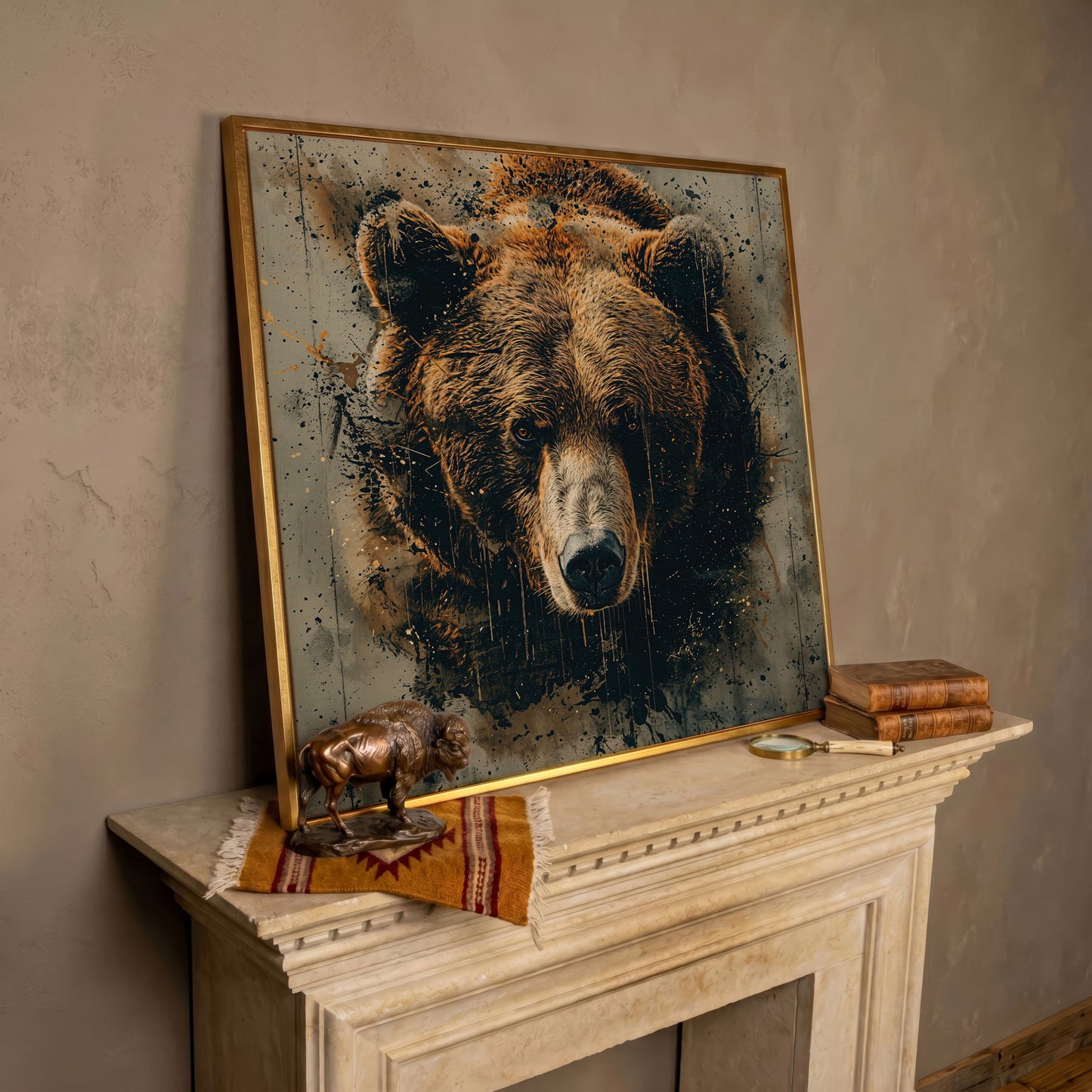 Abstract Grizzly Bear Face Canvas in rose gold floating frame