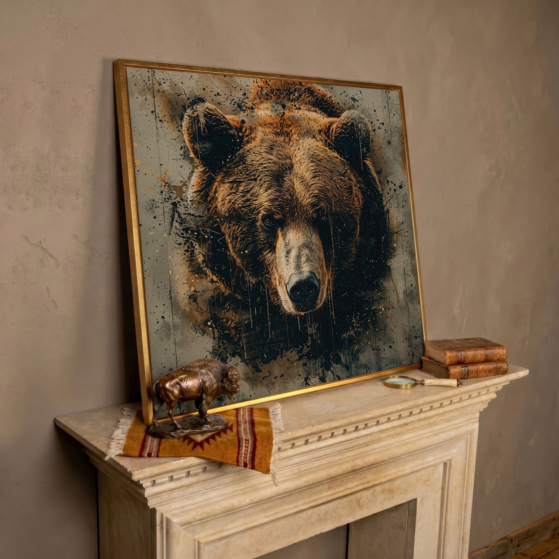 Abstract Grizzly Bear Face Canvas in rose gold floating frame