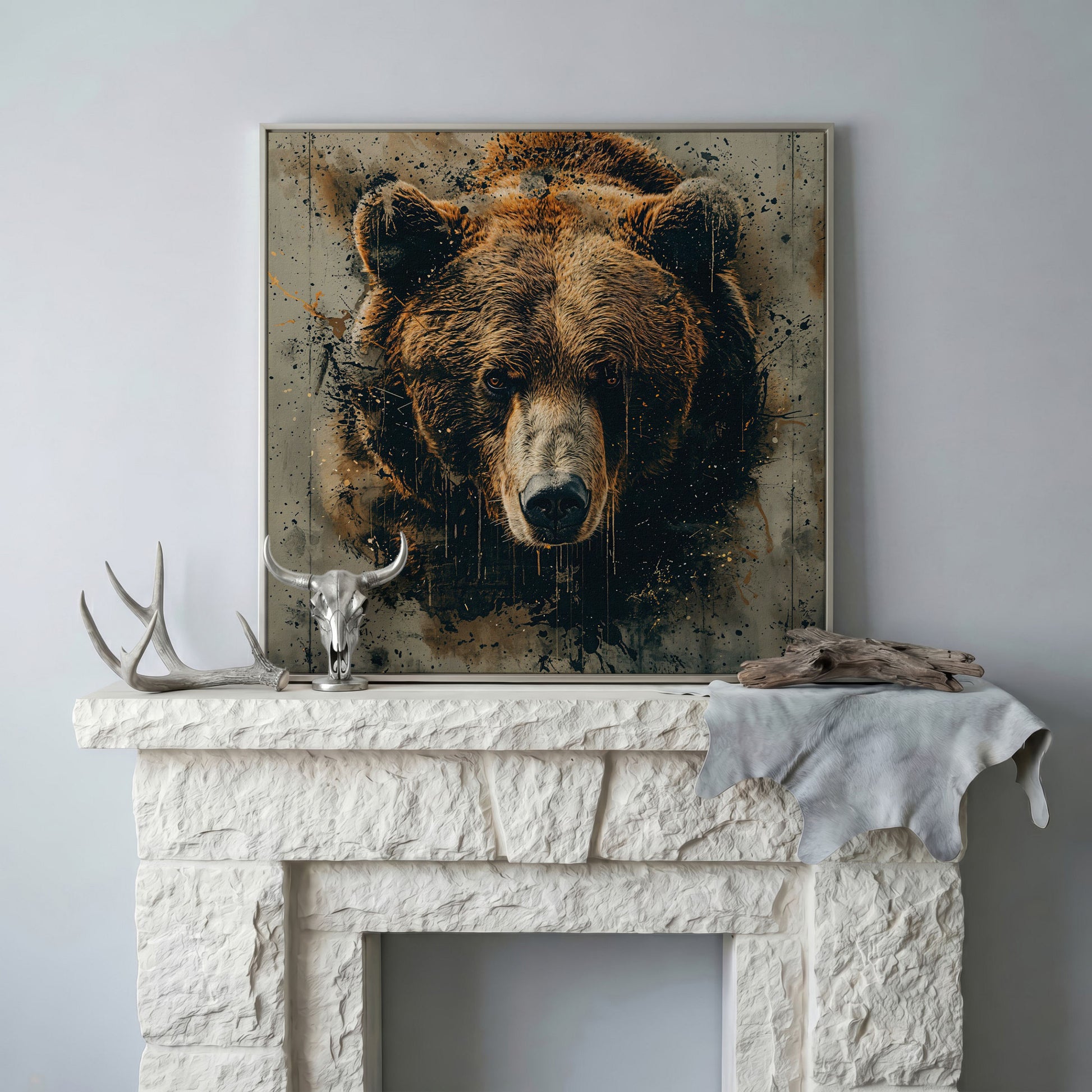 Abstract Grizzly Bear Face Canvas in silver floating frame