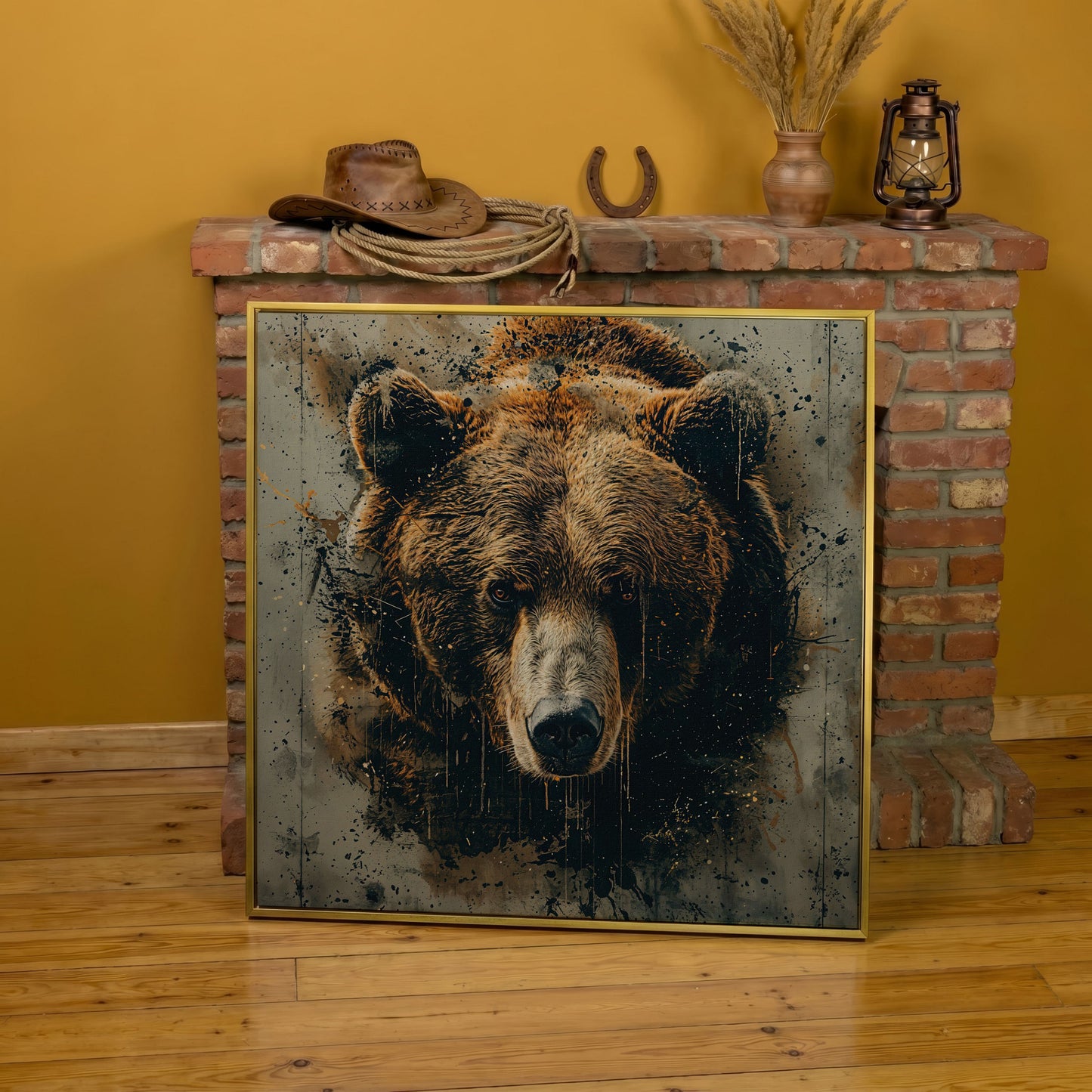 Abstract Grizzly Bear Face Canvas in yellow gold floating frame