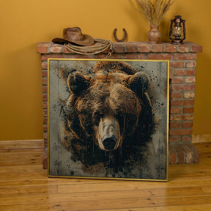 Abstract Grizzly Bear Face Canvas in yellow gold floating frame